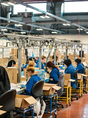 Assembly line workers packing products at workstations in a manufacturing facility