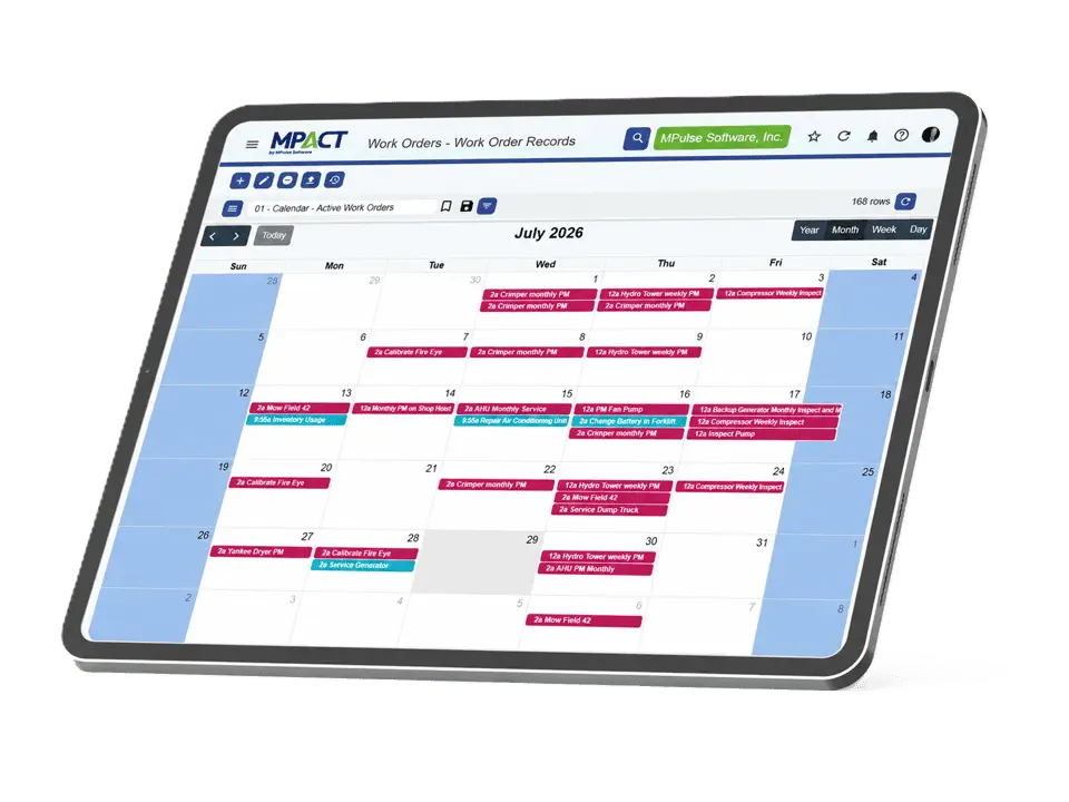 MPACT maintenance calendar view showing a monthly schedule of color-coded PM tasks and work orders by day on a tablet