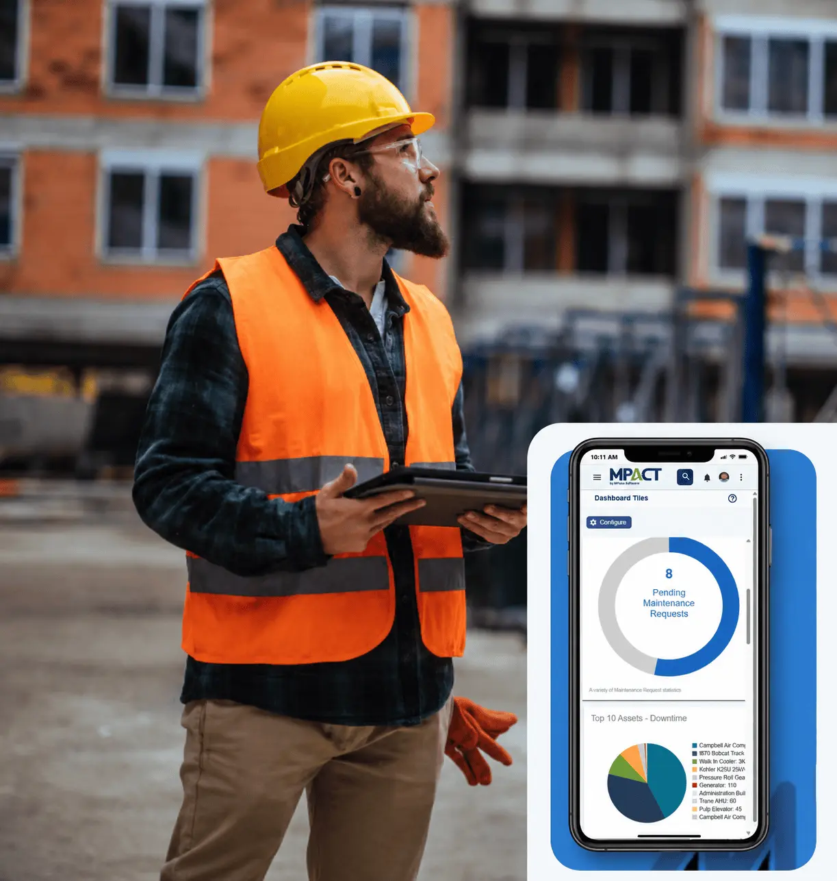 Maintenance technician at a construction site with the MPACT mobile CMMS app showing pending maintenance requests and top downtime assets