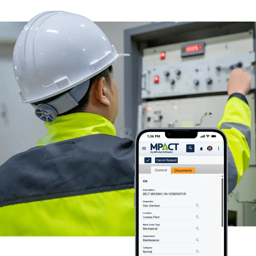 Public works technician in a hard hat and hi-vis jacket at an electrical control panel, with the MPACT mobile app showing a maintenance request form