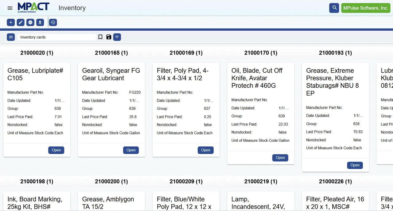 MPACT parts inventory software showing spare parts records in card view with part numbers, manufacturer details, last price paid, and stock units