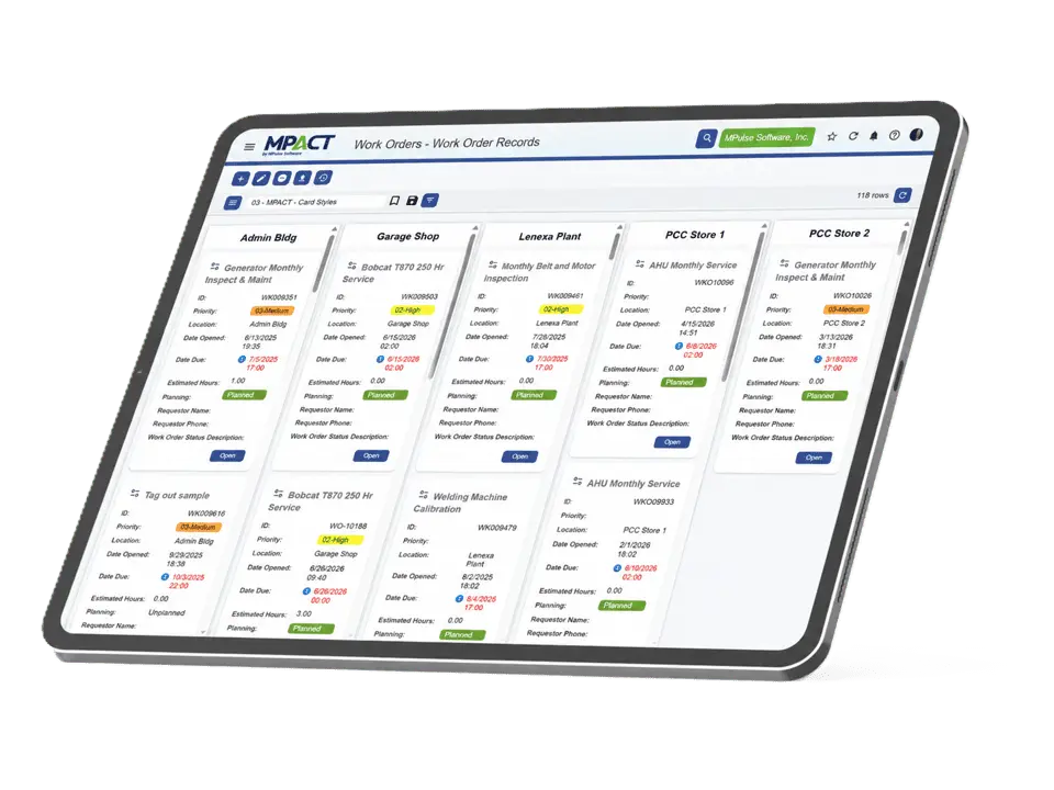 MPACT preventive maintenance software showing scheduled PM work orders in card view by location, with priorities, due dates, and planning status on a tablet