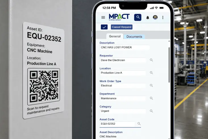 Asset QR code tag on a CNC machine next to the MPACT mobile app showing a maintenance request auto-filled with the asset ID and location