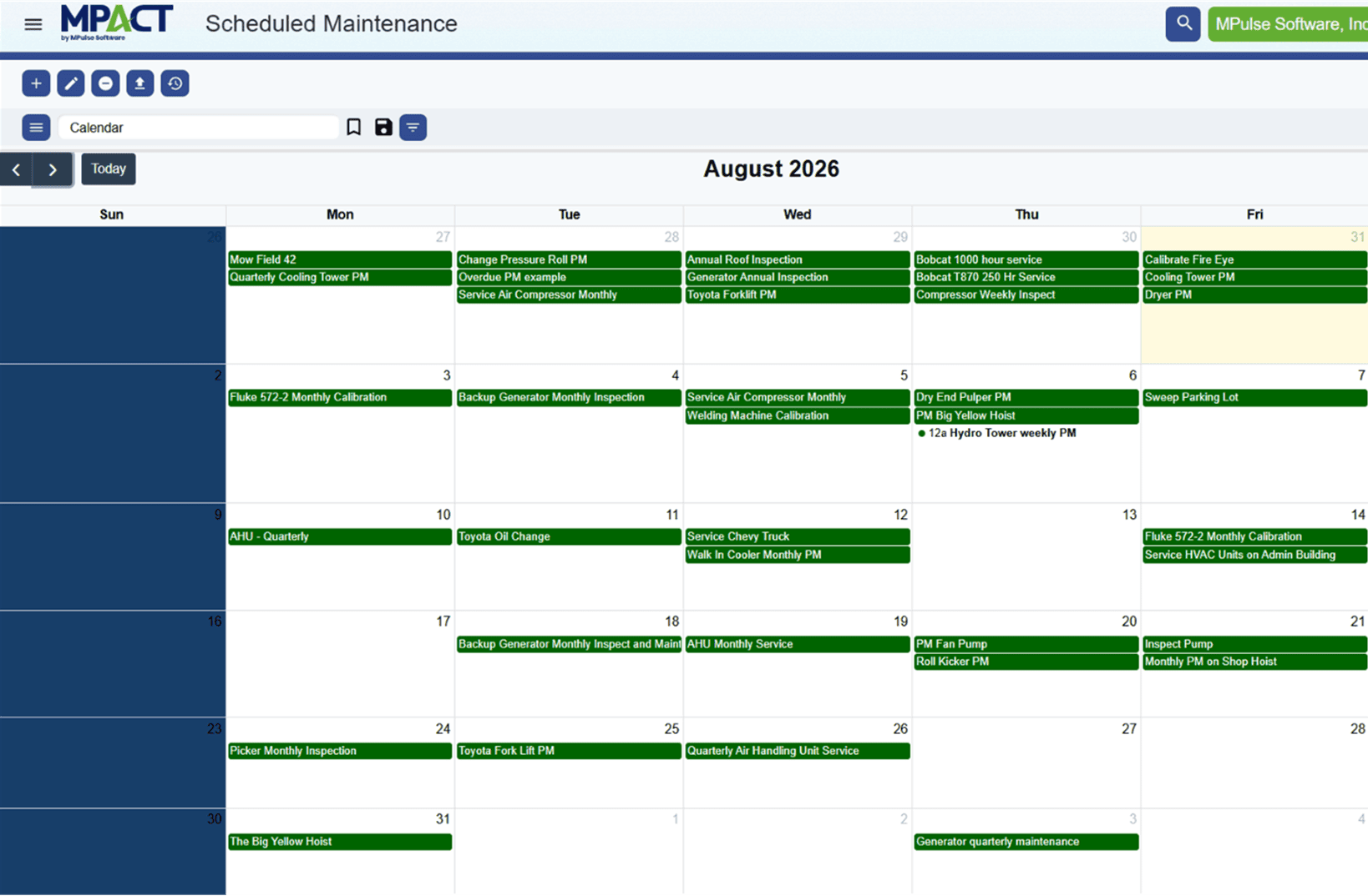 MPACT scheduled maintenance calendar showing a month of recurring PM tasks including inspections, calibrations, and equipment services color-coded by status