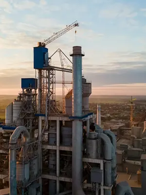 Industrial plant with stacks, silos, and piping at dusk