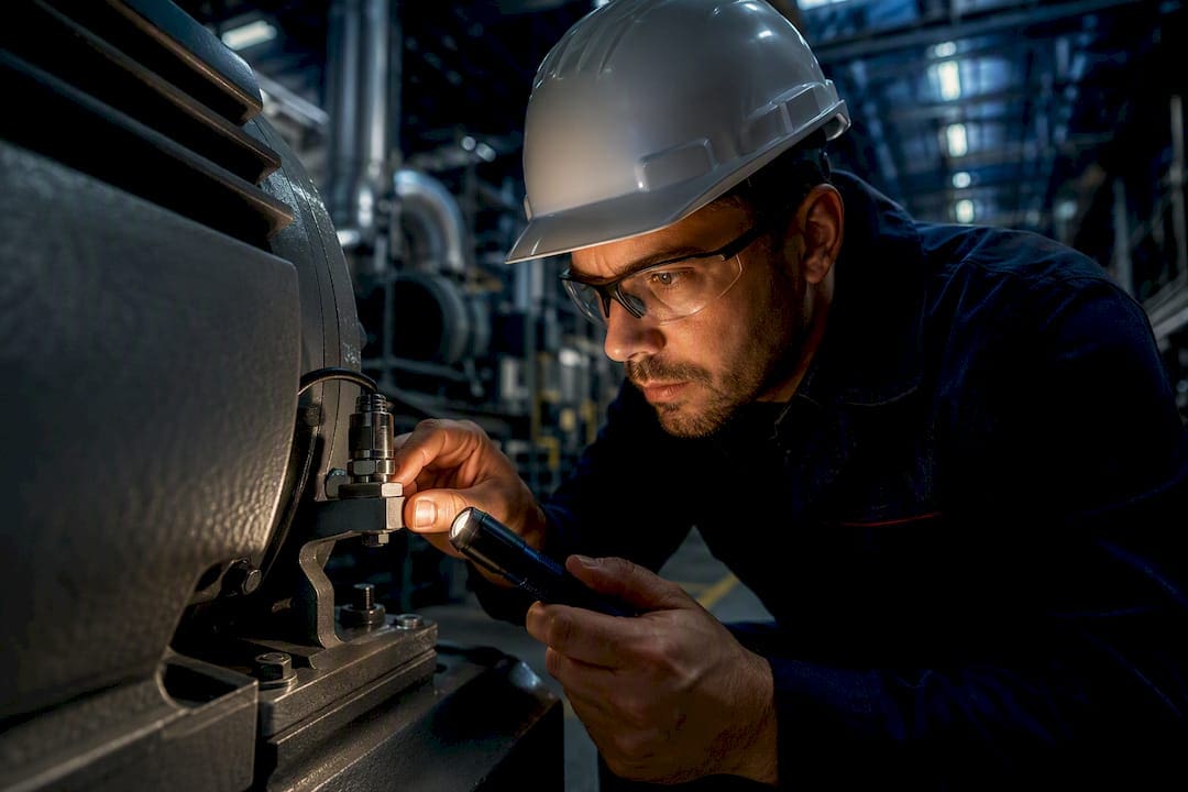 Technician inspecting plant-floor vibration sensor