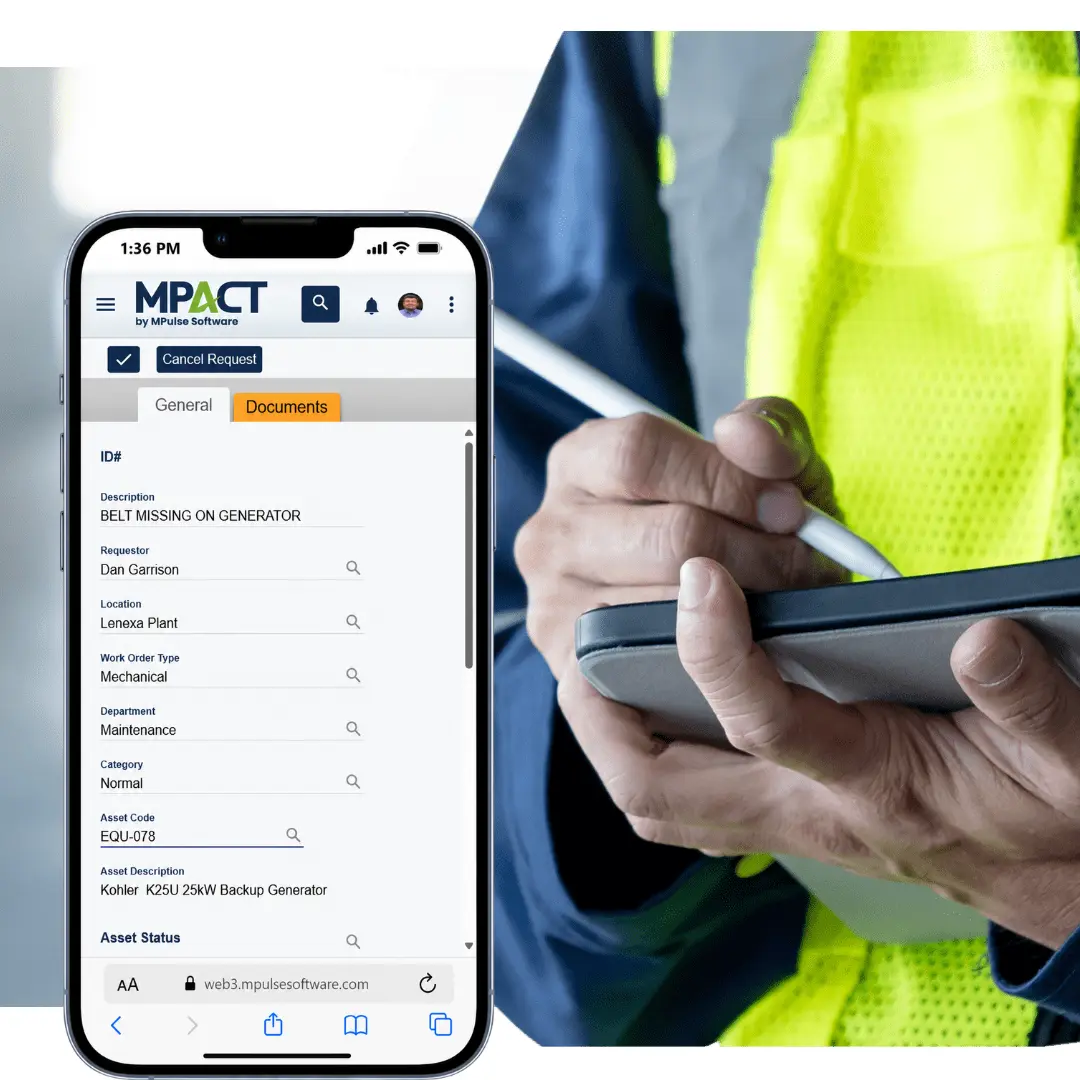 Site worker in a hi-vis vest with the MPACT mobile app showing a work order for a generator belt with asset code and location