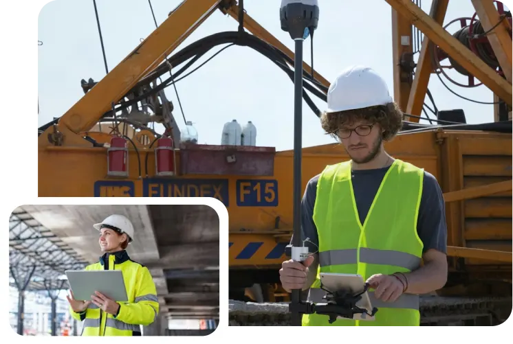 Two field workers in hard hats and high-visibility vests using work order software on tablets on job sites, one beside heavy equipment