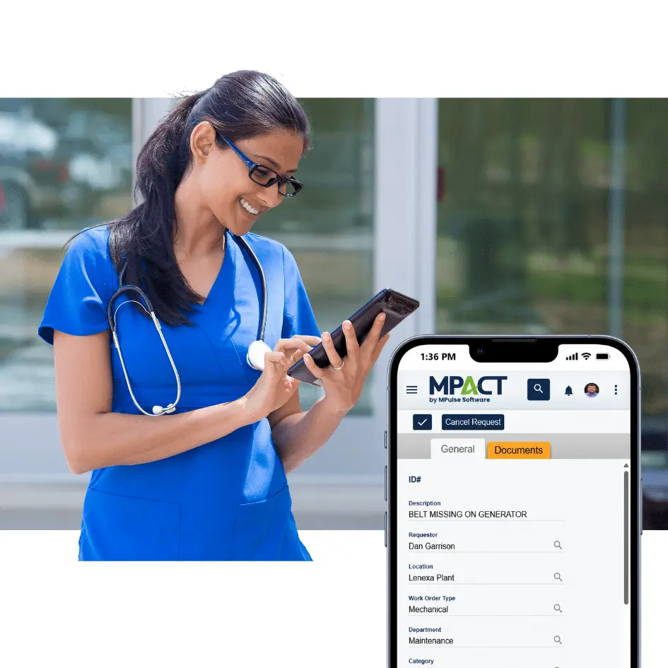 Nurse in scrubs with a stethoscope submitting a maintenance request in the MPACT CMMS mobile app