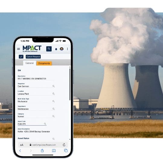 MPACT mobile maintenance request on a phone in front of power plant cooling towers, showing a work order for a backup generator
