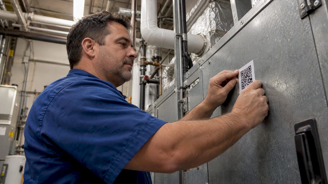 Technician labeling an air handler with QR code