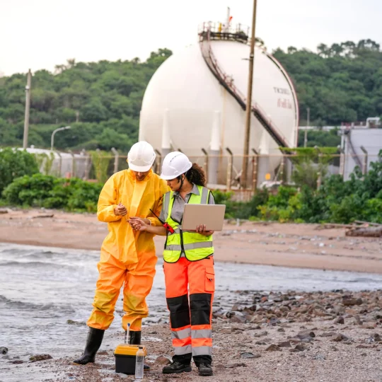 Two workers in hard hats and protective gear reviewing a laptop beside a spherical gas storage tank at an energy facility